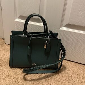 Rare Coach Forest Green Leather Zoe Carryall with Snakeskin Trim